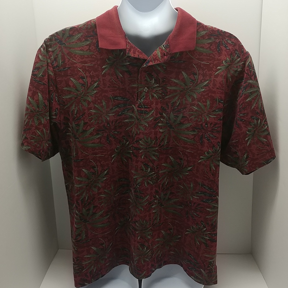 Consensus men's short sleeve polo shirt large leaf print red/green/blue